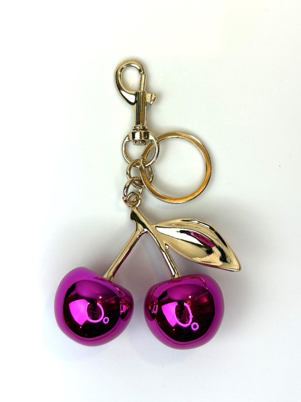 Magenta hot pink purple Iridescent and Gold Cherry Bag Charm keychain. New